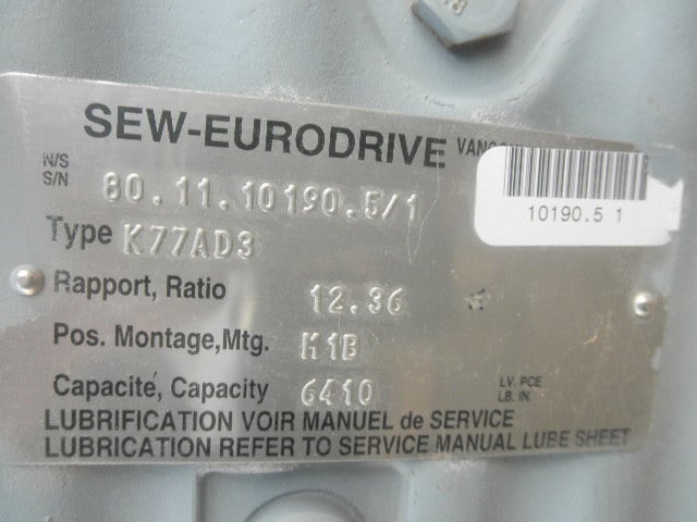 4500 RPM, Eurodrive #K77AD3, Right Angle Gear Reducer Gearbox, 12.36:1 Ratio, 364 RPM Output - Image 5