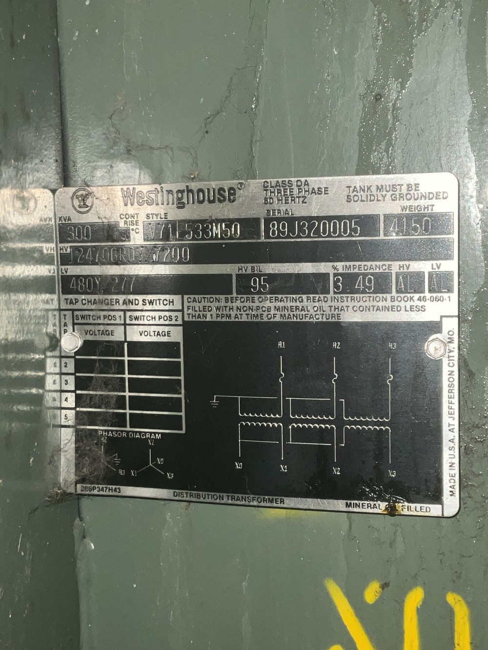 300 KVA 12470GY/7200 Primary, 480Y/277 Secondary, Westinghouse 3 phase, Padmount Transformer - Image 1