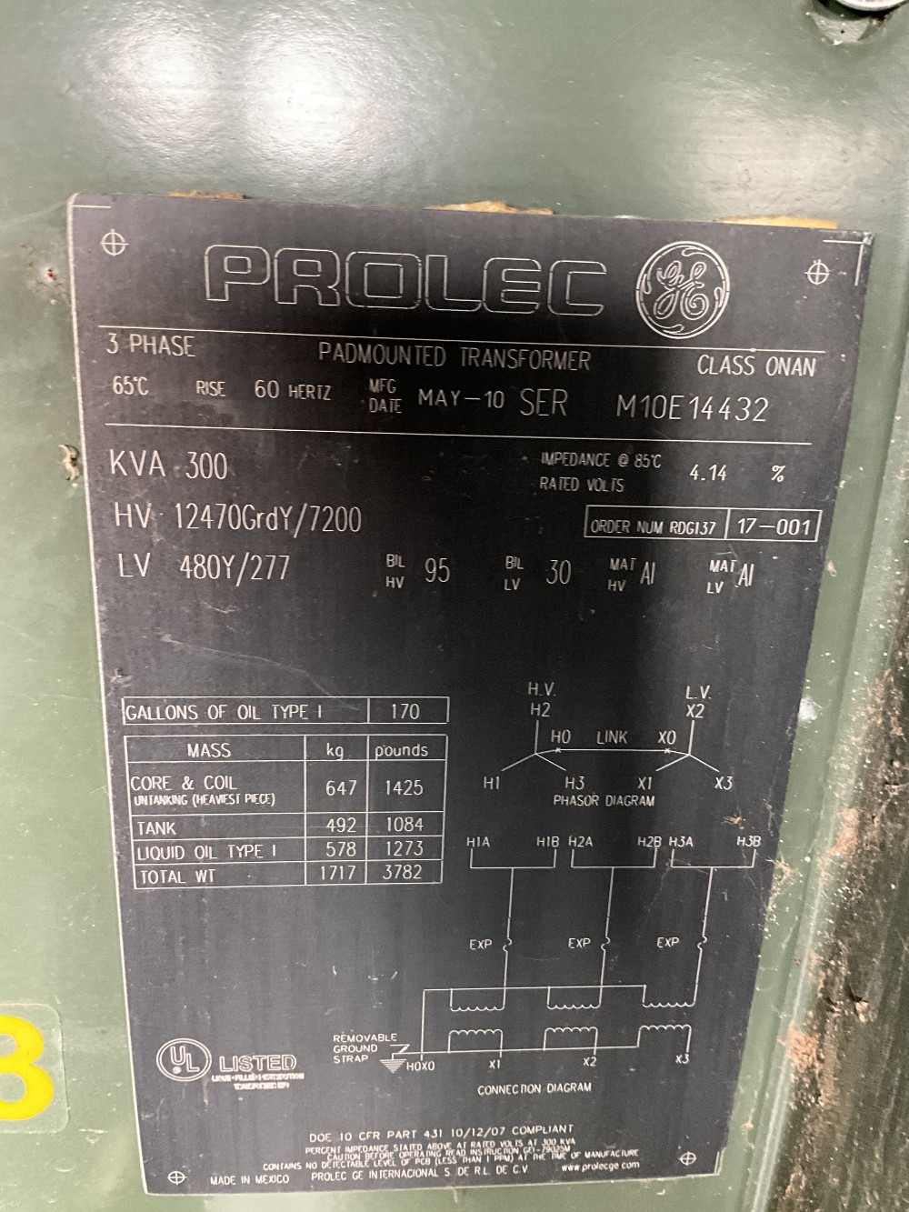 300 KVA 12470GY/7200 Primary, 480Y/277 Secondary, 3 phase, Padmount Transformer - Image 1