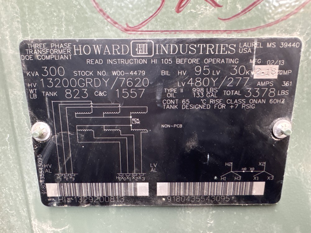 300 KVA 13200GY/7620 Primary, 480Y/277 Secondary, Howard Industries, 3 phase, Padmount Transformer - Image 1