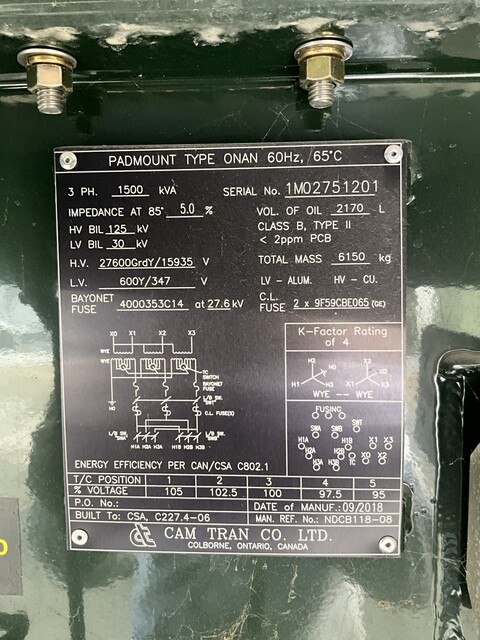 1500 KVA 27600GY/15935 Primary, 600Y/347 Secondary, 3 phase, Padmount Transformer - Image 1