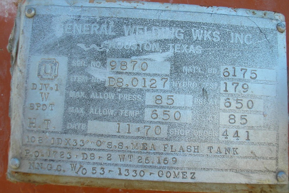 17130 gallon 108" ID x 396" straight side, MAWP 85 PSIA @ 650&deg;F, General Welding Amine Flash tank, SA 515 - Image 3