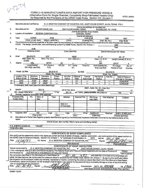 17420 gallon 96" ID x 516" -8", horizontal, G.a. Mosites Company G.A. Mosites Co., SA 516 70 Mat' l, MAWP 75 - Image 4