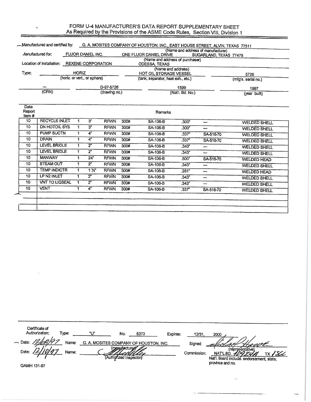 17420 gallon 96" ID x 516" -8", horizontal, G.a. Mosites Company G.A. Mosites Co., SA 516 70 Mat' l, MAWP 75 - Image 5