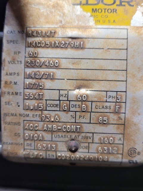 60 HP 1800 RPM Baldor, Frame 364T, TEFC, BB, 230/460 Volts, m4314t used/rebuilt - Image 3