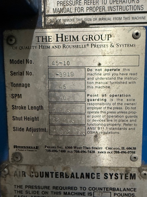 45 Ton, Heim #45-10, flanged bed mechanical press brake, 10' overall, 110" between housing, 2" stroke, 12" - Image 6