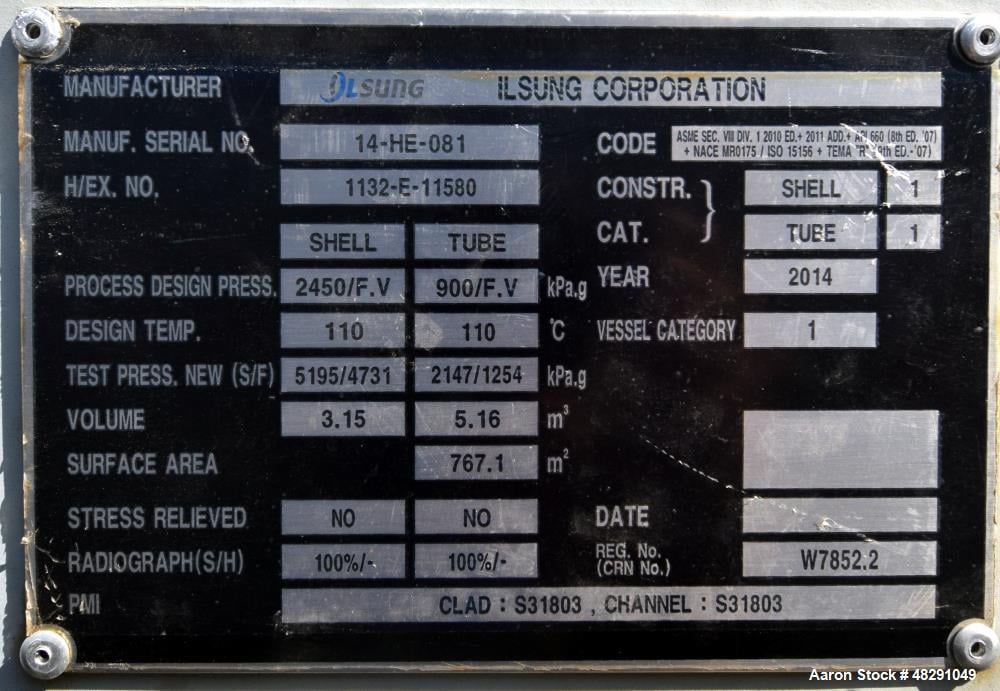 8254 sq.ft., 527 psi shell, Ilsung Corporation, Single Pass Shell & Tube Heat Exchanger, 139 psi, 3/4" - Image 5