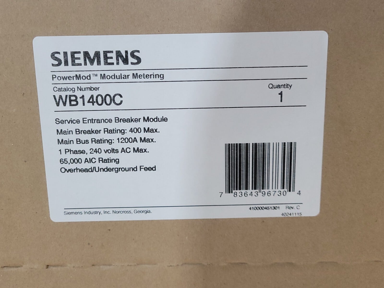 400 Amps, Siemens, WB1400C, Service Entrance Breaker Module, 1-phase, 3-Wire, 240 V - Image 3