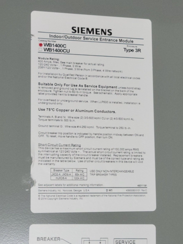 400 Amps, Siemens, WB1400C, Service Entrance Breaker Module, 1-phase, 3-Wire, 240 V - Image 5