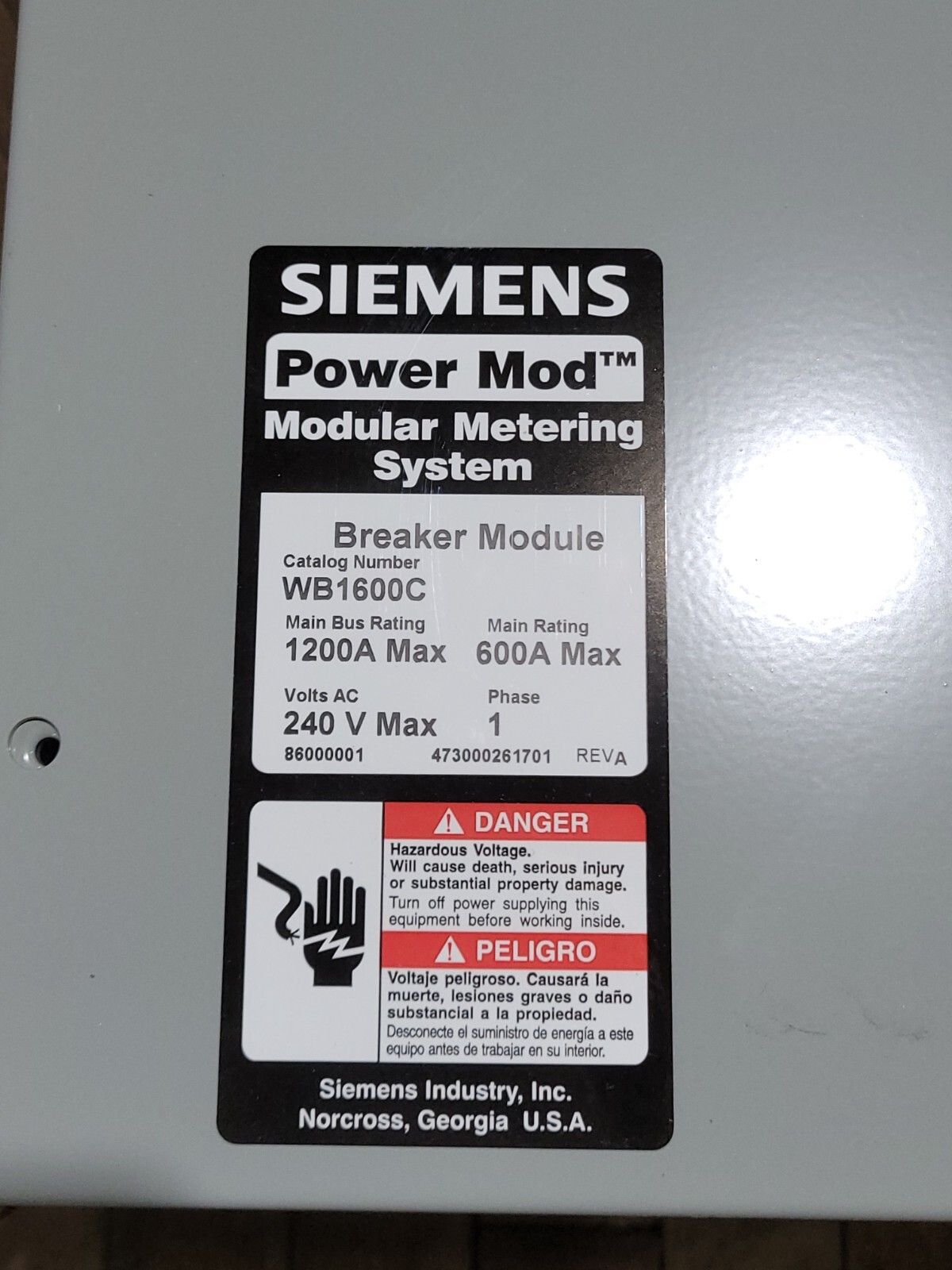 600 Amps, Siemens, WB1600C, Service Entrance Breaker Module, 1-phase, 3-Wire, 240 V - Image 5