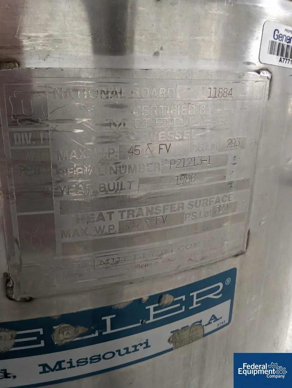 39.63 gallon Mueller, Reactor, Stainless Steel, 24" diameter x 17" straight side, 45 psi/FV Internal @ 293 F - Image 2