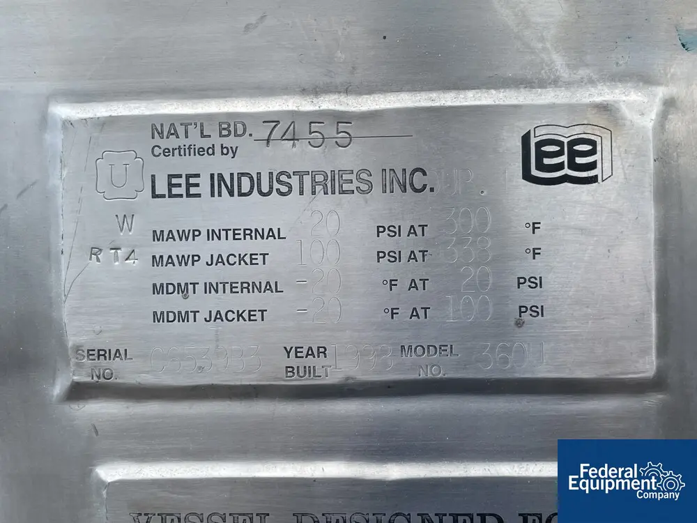 360 gallon Lee #360U, Reactor, Stainless Steel, 60" diameter x 27.74" straight side, 20 psi/FV @ 300 F - Image 2