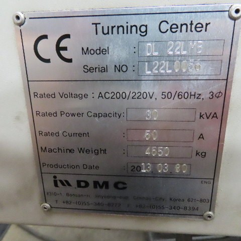 DMC #DL-22LMB, CNC lathe turning center, 12 station, 21.65" swing, 10" chuck, 2013 - Image 2