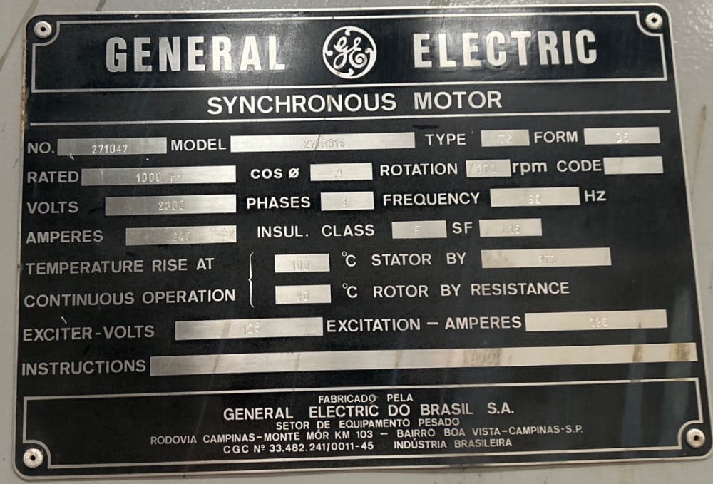 1000 HP 300 RPM General Electric, Type TS, 125V DC Excitation Voltage, double shaft refiner, 2300 Volts, New - Image 1