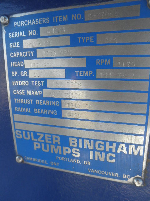 2700 GPM @ 177' TDH, Sulzer Bingham #8x12x23B-CDA, Centrifugal Pump, Horz., 1-Stage, 12" suction, 8" - Image 9