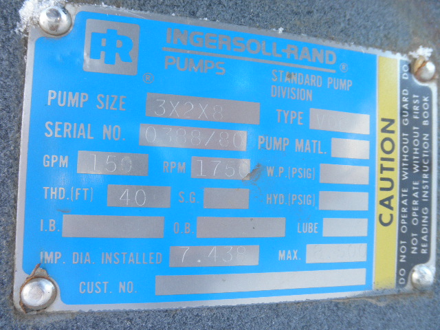 150 GPM @ 40' TDH, Ingersoll-Rand #3x2x8-VOC, Centrifugal Pump, Horz., 1-Stage, 7.44" imp., 3" suction, 2" - Image 6