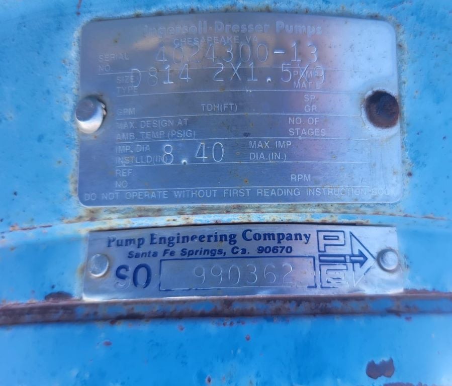 108 GPM @ 75' TDH, Ingersoll-Rand #D814-2x1.5x9, Centrifugal Pump, Horz., 1-Stage, 8.4" imp., 2" suction - Image 5