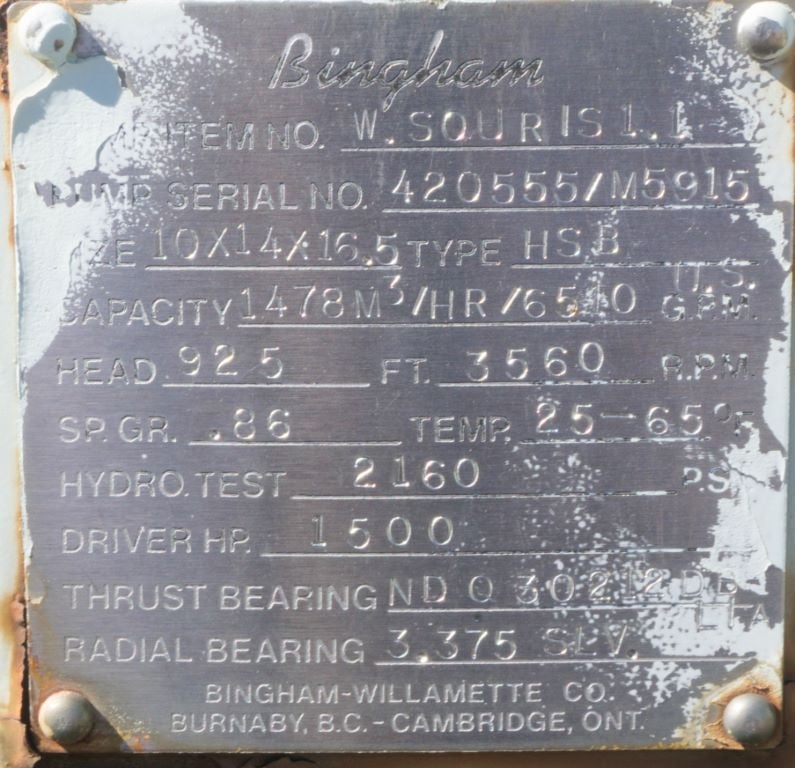 6510 GPM @ 925' TDH, Sulzer Bingham #10x14x16.5-HSB, Centrifugal Pump, Horz., 1-Stage, 15.58" imp., 14" - Image 8