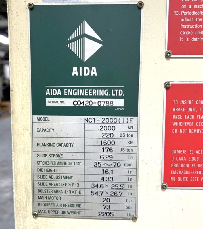 220 Ton, Aida #NC1-2000(1)E, gap press, 6.3" stroke, 54.7" x 26.7" bed, 35-70 SPM, air clutch, 2014 - Image 2