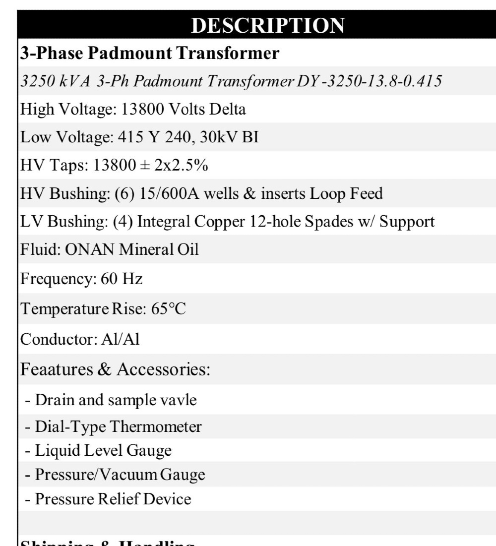 3250 KVA 13800 Delta Primary, 415Y/240 Secondary, D Volt pad mounted transformer - Image 2