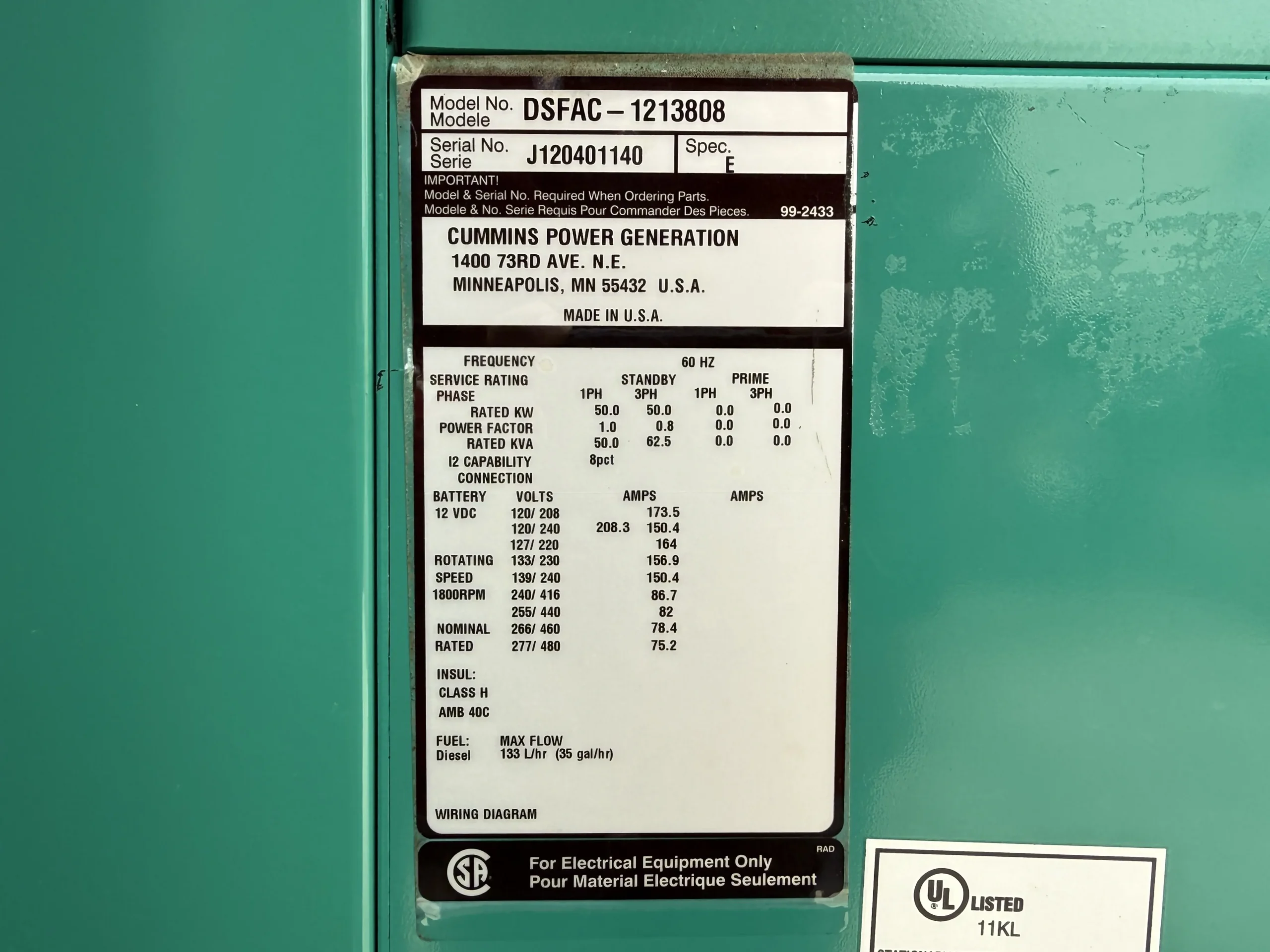 50 KW Cummins #DSFAC, diesel generator set, 120/240 Volts, 1-phase, 1800 RPM, 414 hours, QSB5-G3 engine, EPA - Image 7