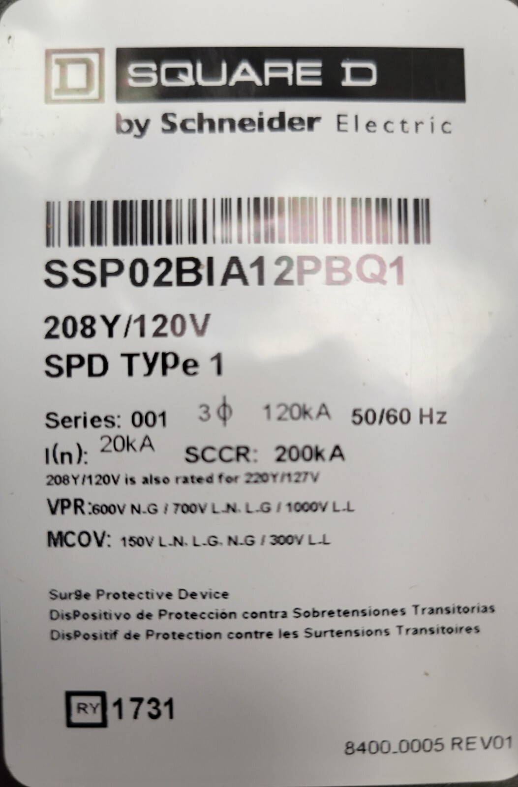 Square D #SSP02BIA12PBQ1, Surge Protective Device 208Y/120V 3PH 20kA SPD Type 1 - Image 6