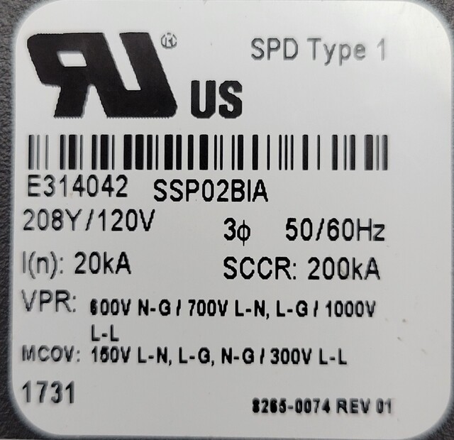 Square D #SSP02BIA12PBQ1, Surge Protective Device 208Y/120V 3PH 20kA SPD Type 1 - Image 7