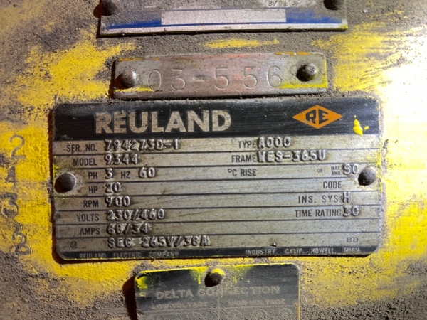 20 HP 900 RPM Reuland, Frame 365U, TENV, DBL, 230/460 Volts, 265 Sec. - Image 2