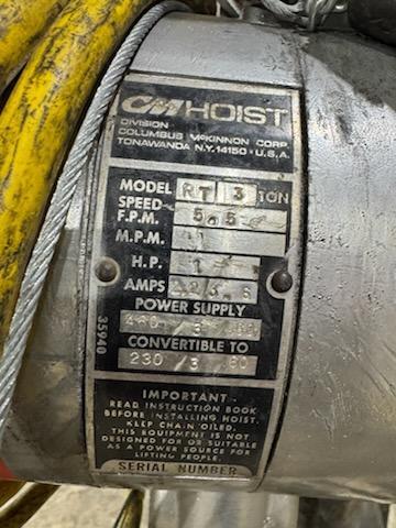 3 Ton, CM #RT, Electric Chain Hoist, 5.5 FPM, 10' Lift, manual trolley, hand control, S/N L-458DV, RT - Image 4
