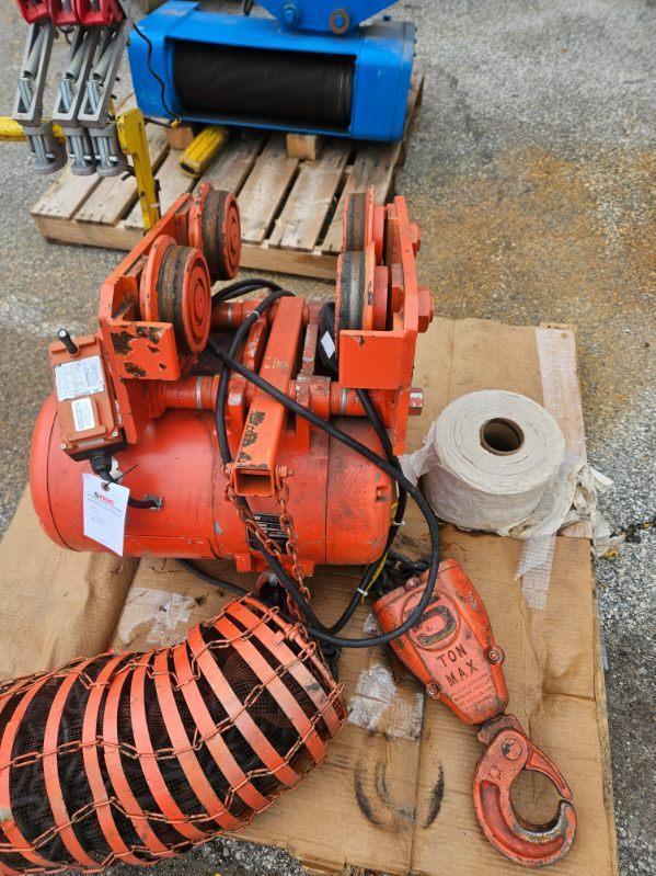 5 Ton, CM #7032, electric chain hoist, 10/3 FPM, 20' Lift, manual trolley, chain bucket, hand control, S/N - Image 8