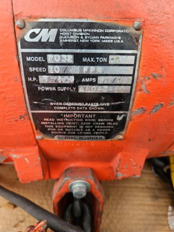 5 Ton, CM #7032, electric chain hoist, 10/3 FPM, 20' Lift, manual trolley, chain bucket, hand control, S/N - Image 10