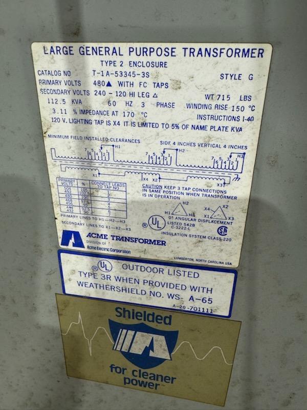 112.5 KVA 460 Delta Primary, 240/120 Secondary, Acme #T-1A-53345-3S, Transformer - Image 4