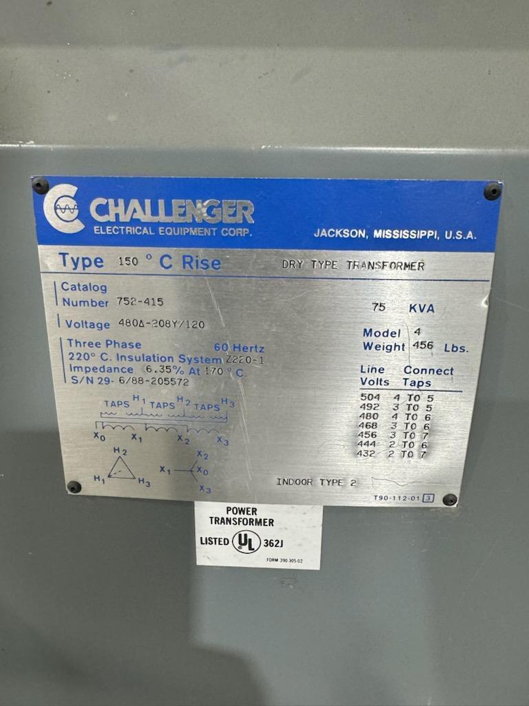75 KVA 480 Delta Primary, 208Y/120 Secondary, Challenger #752-415, Transformer - Image 3