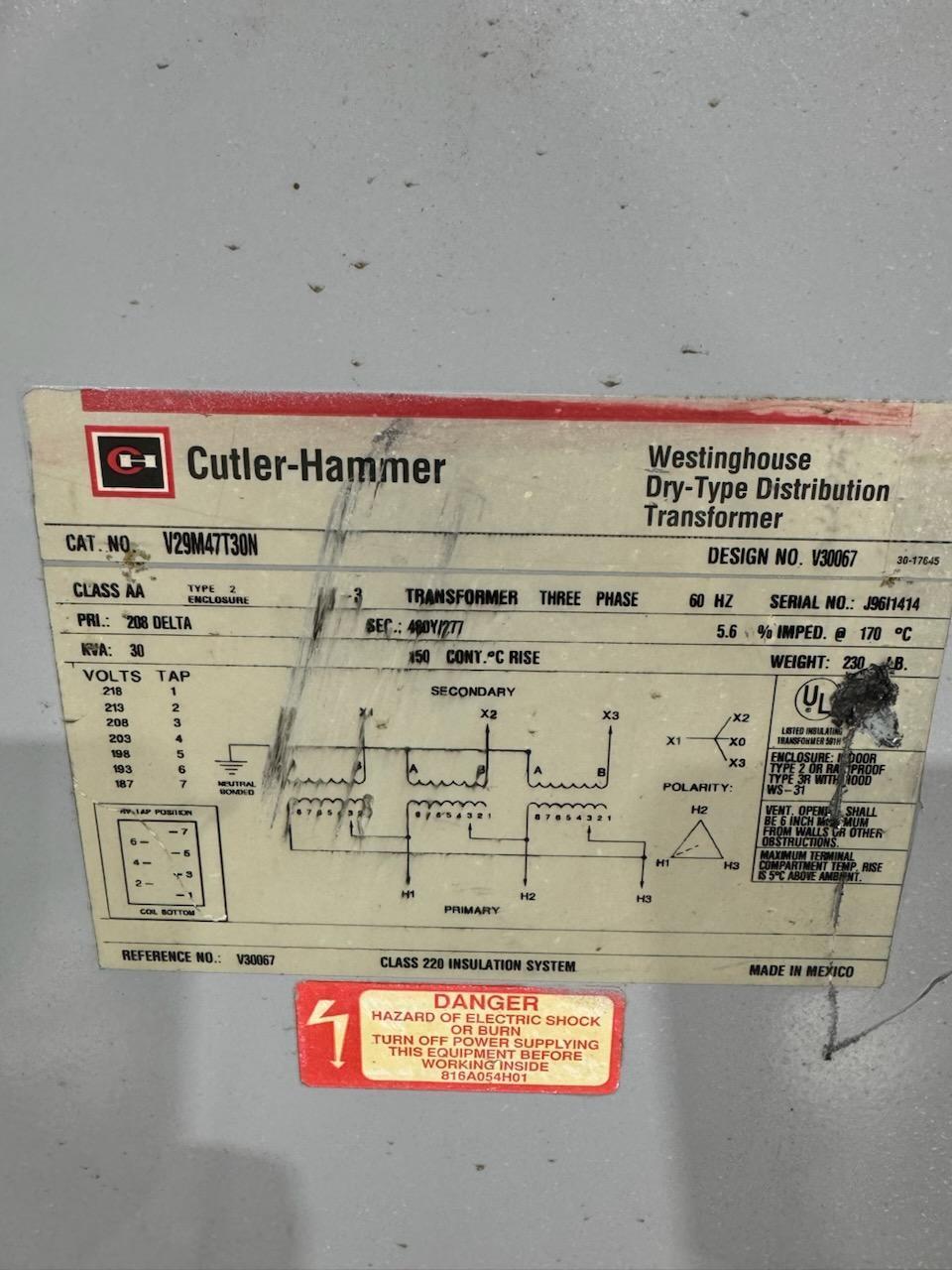 30 KVA 208 Delta Primary, 480Y/277 Secondary, Cutler Hammer #V29M47T30N, S/N J96I1414 - Image 3
