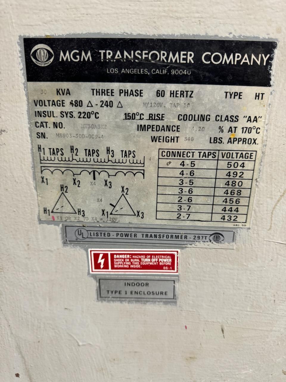 30 KVA 480 Primary, 240 Secondary, MGM #HT30A3K2, S/N M8903-30D-009-4 - Image 3