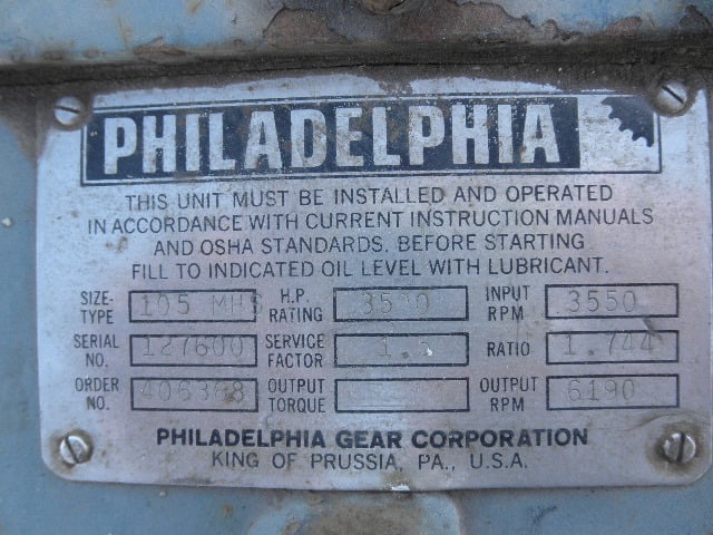 3500 HP @ 3550 RPM, Philadelphia #105-MHS, Parallel Shaft Gearbox, 6190 RPM output, 1.74 Ratio, 1.5 service - Image 6