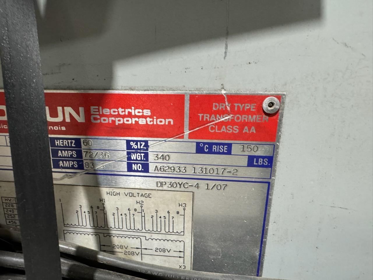 30 KVA 480/240 Primary, 208Y/120 Secondary, Olsun #DP30YC-4, S/N A62933 131017-2 - Image 3