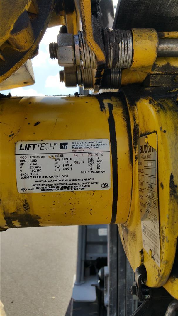 1 Ton, Budgit #BEH0132, hoist w/ motorized trolley, 10' lift, 6' pendant drop, 2000 - Image 6