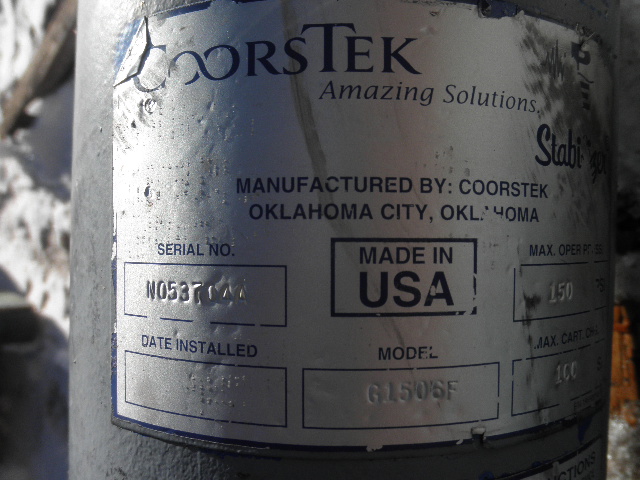 6" 150 Lb. CoorsTek #G1506F, Pulsation Dampener Cartridge, 100 psi Precharge, 150 psi max Oper. Pressure - Image 5