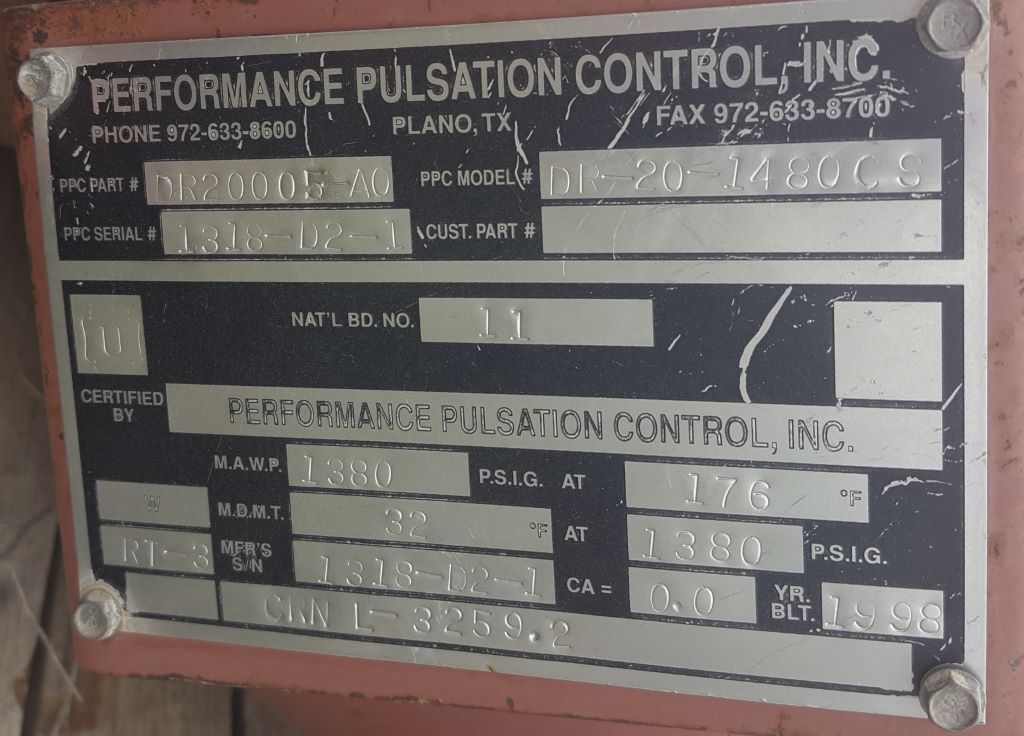 Performance Pulsation #DR-20-1480CS, Pulsation Dampener Cartridge, 1380 psi @ 176 F, 1998 - Image 3