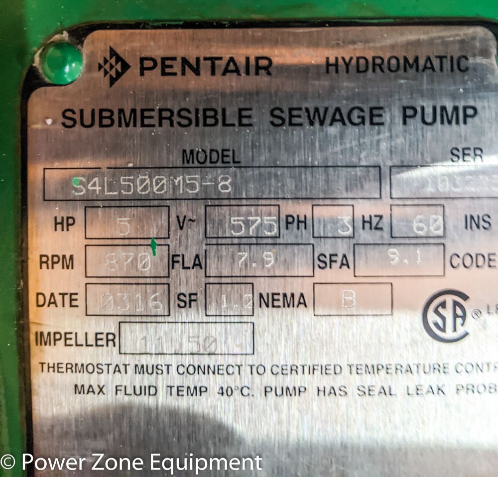 Hydromatic/Pentair #S4L500M5-8, Submersible Solids Handling Pump, 11.5" imp., 5" suction, 4" discharge, 5 HP - Image 5