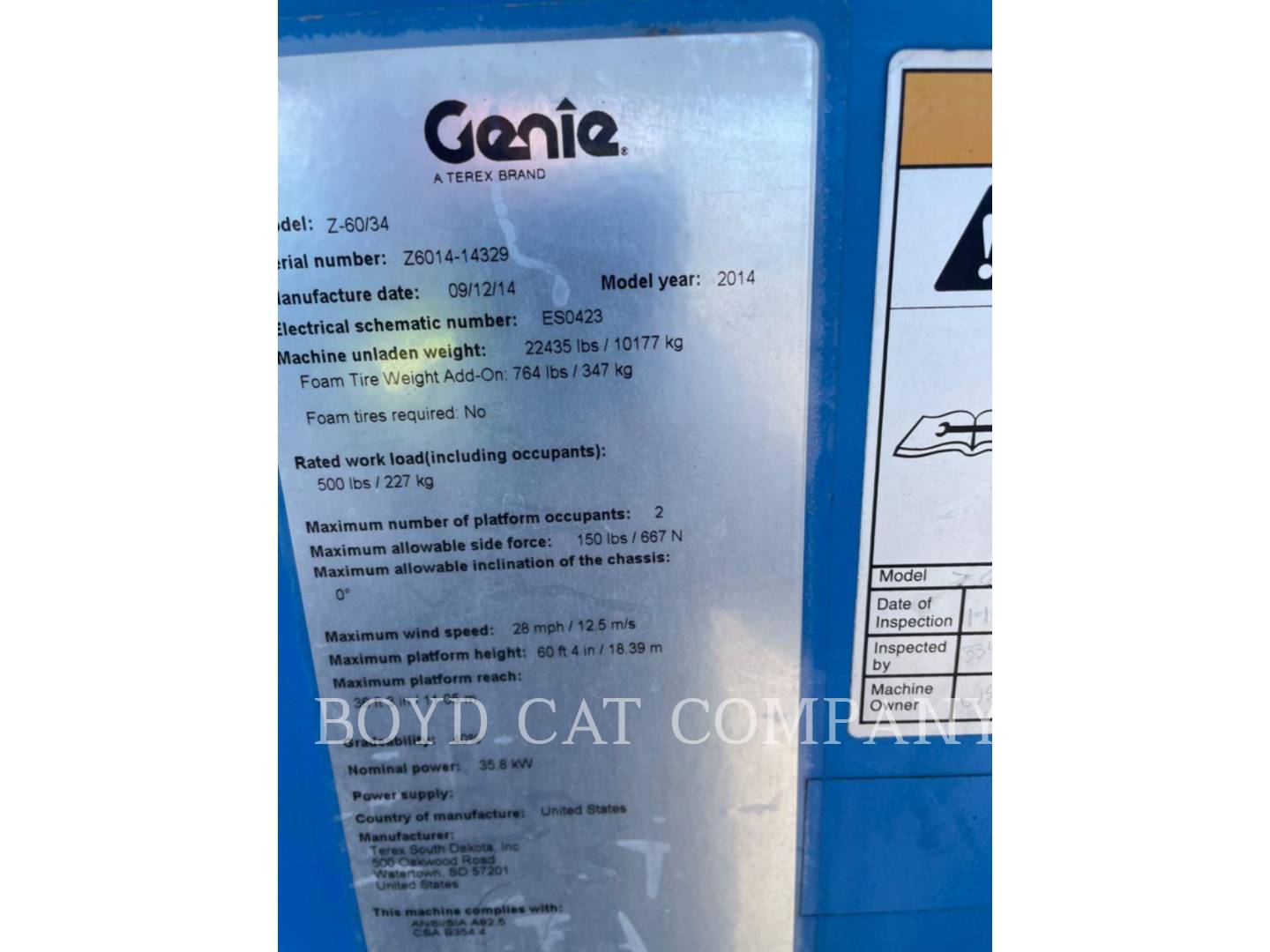 Genie Industries Z60/34 4WD G84, Articulated Boom Lift, 1483 hours, S/N: Z6014-14329, 2014 - Image 6