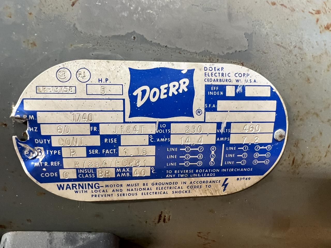 5 HP 1740 RPM Doerr LR-13758, Frame J184T, 3 phase, 14.4/7.2 Amps, 230/460 Volts - Image 7