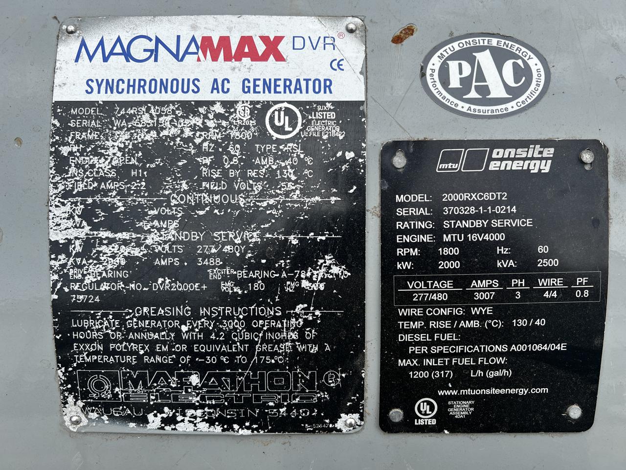 2200 KW, 1800 RPM, MTU #2000RXC6DT2, Generator End, sound attenuated enclosure 00, 3 phase, 4-wire, 2500 kVA - Image 8