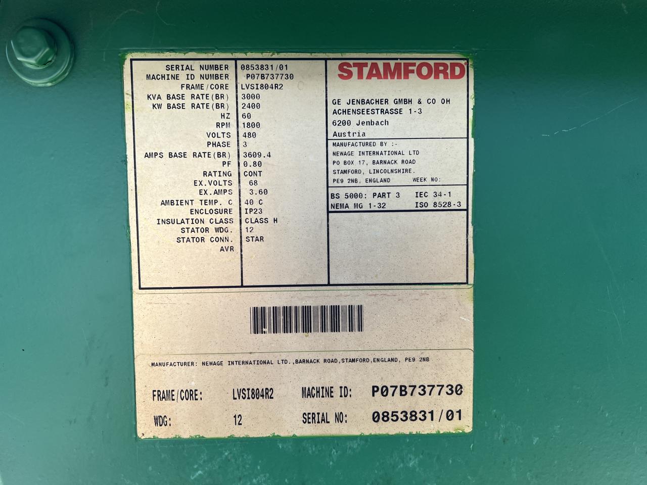 2400 KW, 1800 RPM, Stamford Jenbacher #P07B737730, Generator End, Rblt., 3 phase, 3000 kVA, 480 V, 2007 - Image 10