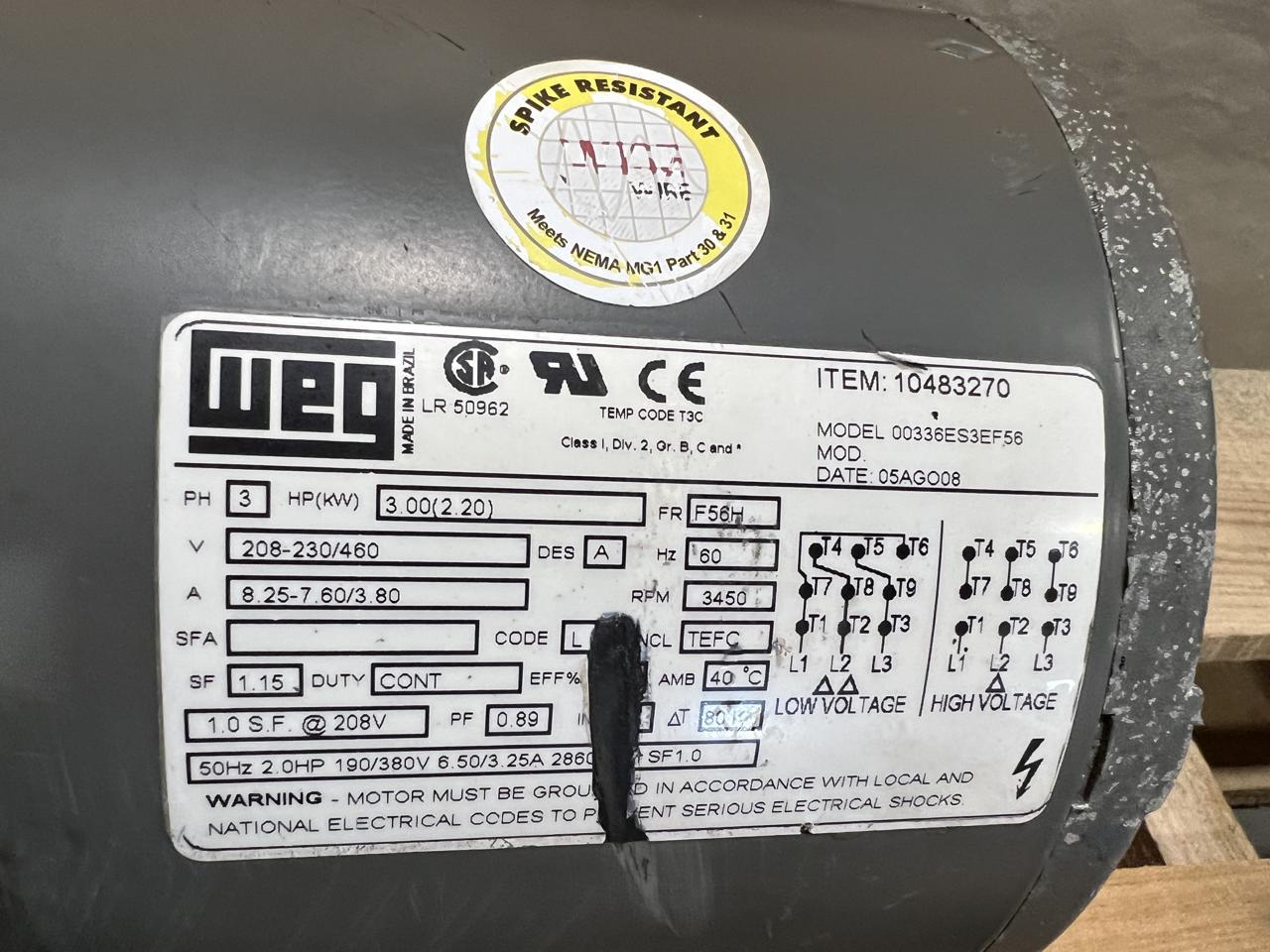 3 HP 3450 RPM WEG 00336ES3EF56, Frame F56H, TEFC, Continuous Duty, 3 phase, 208-230/460 Volts, 2008 - Image 8