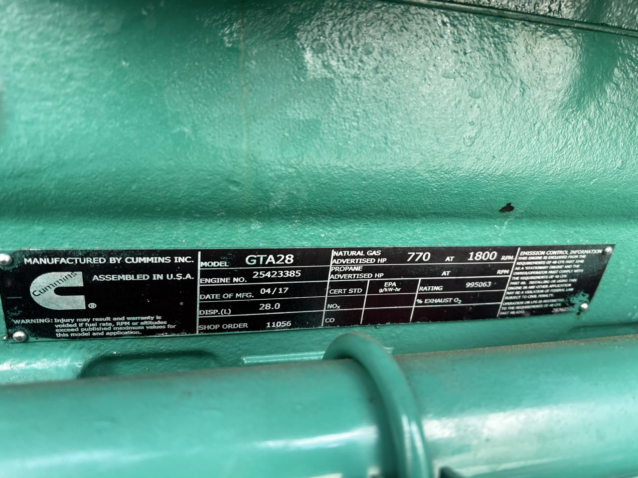 500 KW Cummins #GFGB, Natural gas generator set, 277/480 Volts, 114 hours, 770 HP @ 1800 RPM, GTA28 engine - Image 9