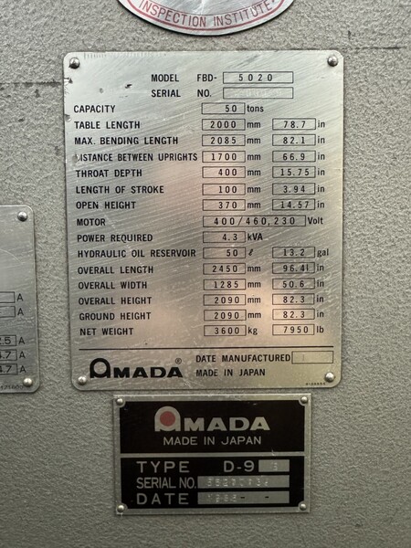 55 Ton, Amada #FBD5020, CNC press brake, NC9-EX CNC Control - Image 4