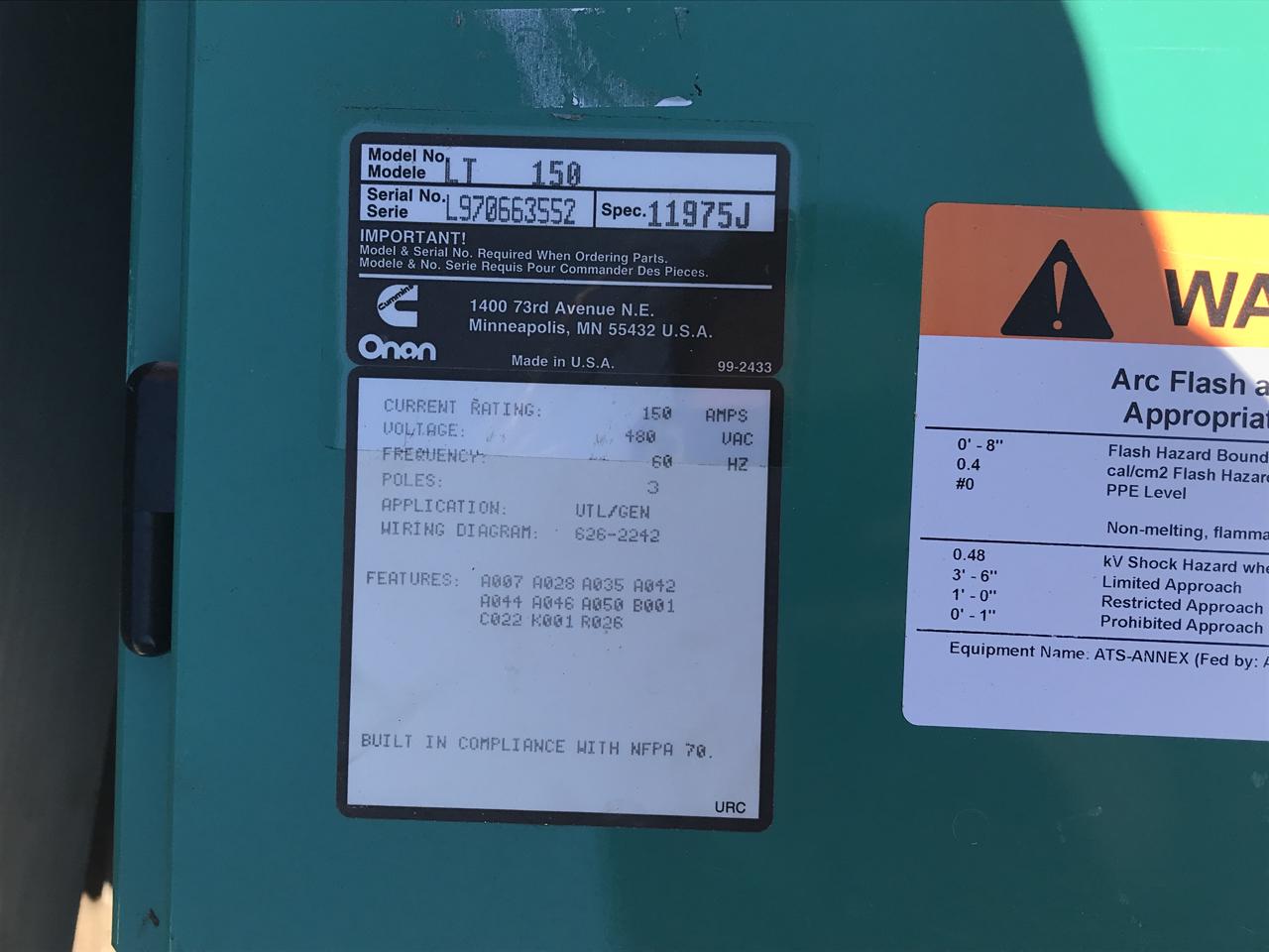 150 Amp. Cummins, Onan LT-150, automatic transfer switch, 480 Volts, 3-phase, 3-poles, 2001 - Image 6
