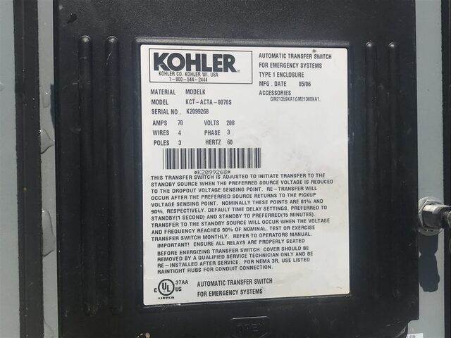 70 Amp. Kohler #KCT-ACTA-0070S, transfer switch, 208 Volts, 3-phase, 3-poles, 2006 - Image 8